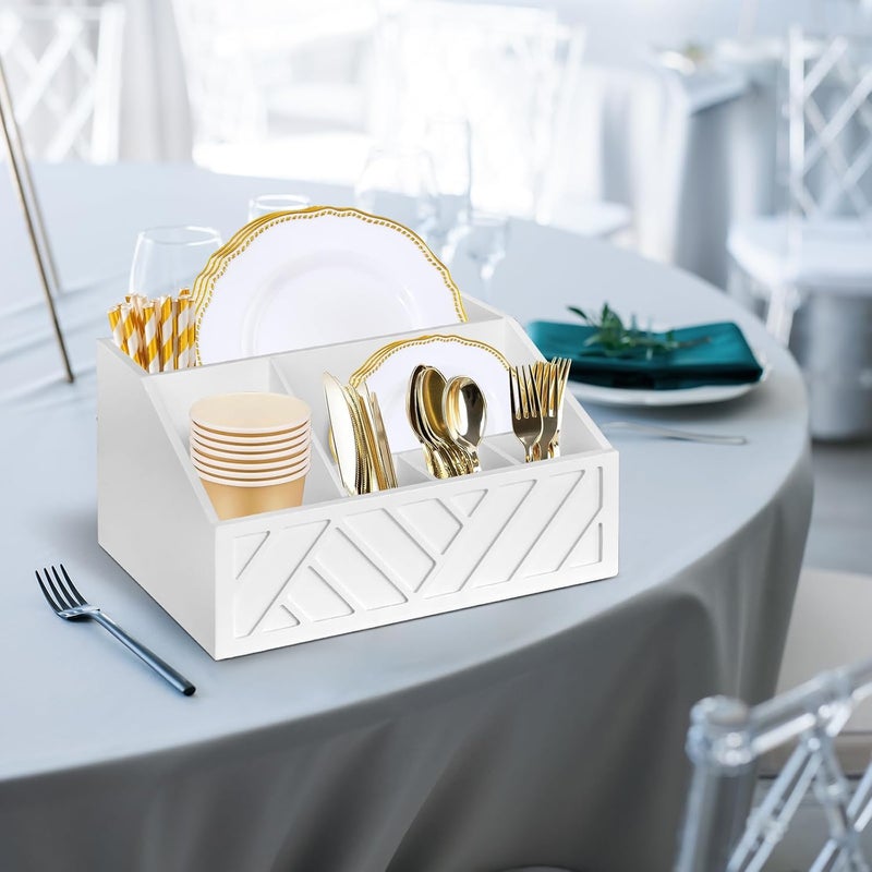 Ukonvi Paper Plate Dispenser, Paper Plate Holder for Kitchen Counter, Wood Rustic Silverware Utensil Caddy, Cutlery Flatware Organizer Box for Cups Spoons Forks Plates Napkins, Kitchen Accessories (White) - Image 4